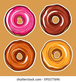 Decorative hand drawn donuts with different colorful icing set. Sweet desert doodle vector illustration