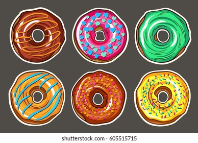Decorative hand drawn donuts with different colorful icing set. Sweet desert doodle vector illustration