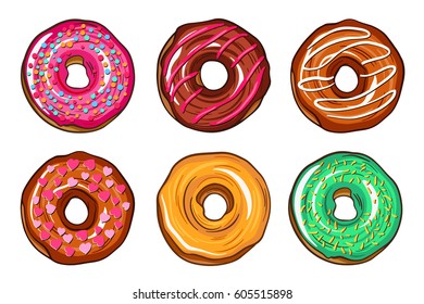 Decorative hand drawn donuts with different colorful icing set. Sweet desert doodle vector illustration