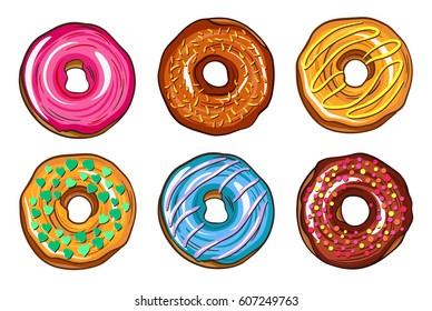 Decorative hand drawn donuts with different colorful icing set. Sweet desert doodle vector illustration
