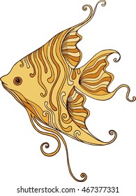 Decorative hand drawn doodle fish illustration. Ornate golden fish drawing.