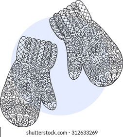  Decorative hand drawn doodle mittens illustration. Winter mittens ornate drawing
