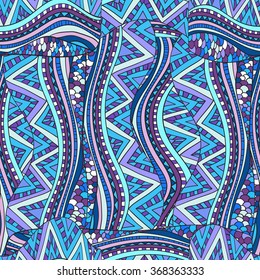 Decorative hand drawn doodle nature ornamental curl vector blue seamless pattern