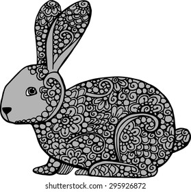 Decorative hand drawn doodle rabbit illustration. Ornate grey hare drawing