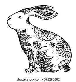 Decorative hand drawn doodle rabbit illustration. Ornate white hare drawing