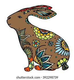 Decorative hand drawn doodle rabbit illustration. Ornate white hare drawing