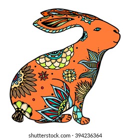 Decorative hand drawn doodle rabbit illustration. Ornate white hare drawing