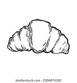 Dekorative handgezeichnete, doodle Vektorgrafik. Frische Croissant einzeln auf weißem Hintergrund. Süßes Wüstenmenü oder Kollektion von Bäckereien