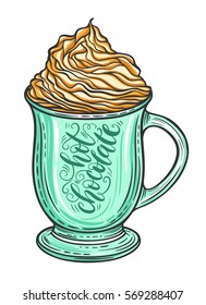 Decorative hand drawn doodle vector illustration. Hot chocolate or coffee in a mug with whipped caramel cream isolated on white background. Sweet desert menu collection