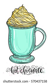 Decorative hand drawn doodle vector illustration. Hot chocolate or coffee in a mug with whipped caramel