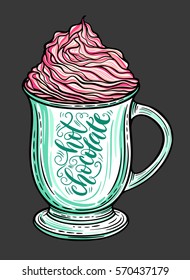 Decorative hand drawn doodle vector illustration. Hot chocolate or coffee in a mug with whipped caramel