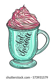 Decorative hand drawn doodle vector illustration. Hot chocolate or coffee in a mug with whipped caramel