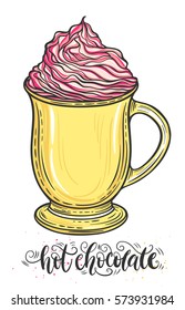 Decorative hand drawn doodle vector illustration. Hot chocolate or coffee in a mug with whipped caramel