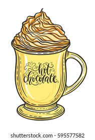 Decorative hand drawn doodle vector illustration. Hot chocolate or coffee in a mug with whipped caramel
