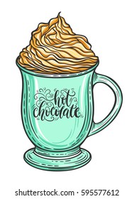 Decorative hand drawn doodle vector illustration. Hot chocolate or coffee in a mug with whipped caramel