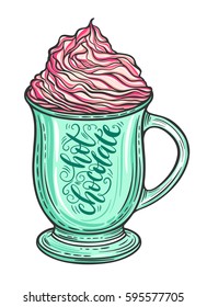 Decorative hand drawn doodle vector illustration. Hot chocolate or coffee in a mug with whipped caramel
