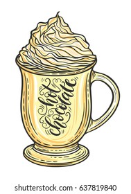 Decorative hand drawn doodle vector illustration. Hot chocolate or coffee in a mug with whipped caramel