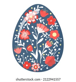 Dekoratives, handgezeichnetes Ei mit süßen Blumen, Blättern. Frohe Ostern Urlaub. Frühlingsflorales buntes Ei einzeln auf weißem Hintergrund. Abstrakte doodle Vektorgrafik für Grußkarte, Einladung