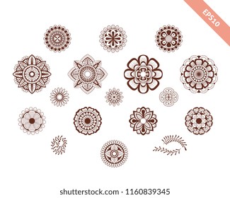 Decorative hand drawn element henna style collection. Floral set for your design, tattoo.