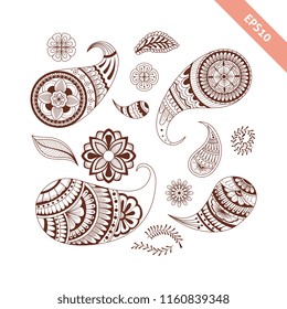 Decorative hand drawn element henna style collection. Floral paisley set for your design, tattoo. Henna-mehndi doodles design