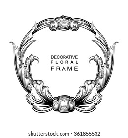 Decorative hand drawn floral frame with stylized leaves. Circular cartouche with central white copyspace for your text.