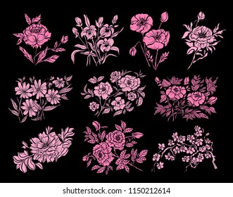 Decorative hand drawn  flowers, design elements. Can be used for cards, invitations, banners, posters, print design. Floral background in line art style