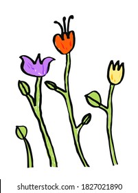 Flores dibujadas a mano en un fondo blanco. Diseño de camisetas para niños. Ilustración del vector