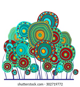 Decorative hand drawn flowers made in ethnic style composed in flowerbed composition. Vector illustration, isolated on white