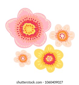 Decorative hand drawn flowers set. Dotwork, Impressionnisme style. Vector, isolated. Pink and yellow colors