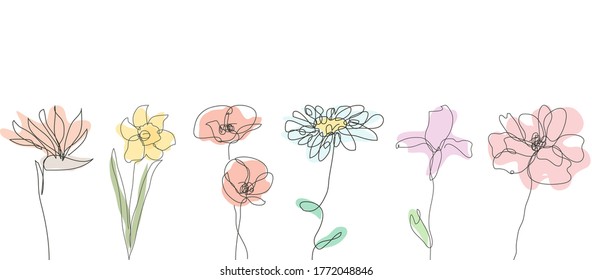 Decorative hand drawn flowers set, design elements. Can be used for cards, invitations, banners, posters, print design. Continuous line art style