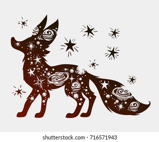 Decorative hand drawn fox, isolated vintage style. Space, planet, fox silhouette, tattoo, art for print, posters, t-shirts and textiles. Vector illustration.