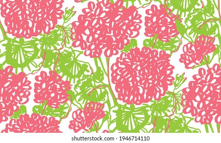 Decorative hand drawn geranium floral seamless pattern. Red and green vivid flowers rapport for background, fabric, textile, wrap, surface, web and print design. Hand drawn colorful flowers pattern.