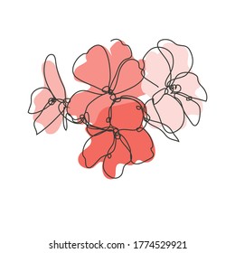 Flor de geranio dibujada a mano, elemento de diseño. Se puede usar para tarjetas, invitaciones, banners, afiches, diseño de impresión. Estilo de arte de línea continuo