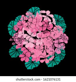 Decorative hand drawn geranium flowers, design elements. Can be used for cards, invitations, banners, posters, print design. Floral background in line art style