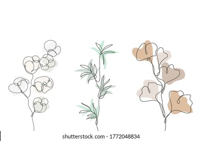 Decorative hand drawn gingko, cotton, bamboo, design elements. Can be used for cards, invitations, banners, posters, print design. Continuous line art style