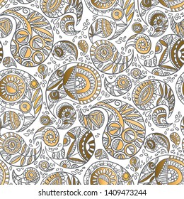 decorative hand drawn gold paisley seamless pattern for textile, fabric, wrapping paper, web and print design. oriental ethnic luxury motif for decor. repeatable vector illustration. 
