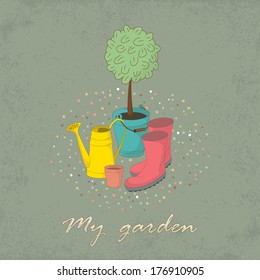 Decorative hand drawn greeting card with garden tools. Template for design textile, greeting cards, wrapping paper, packages, backgrounds. Vintage vector illustration.