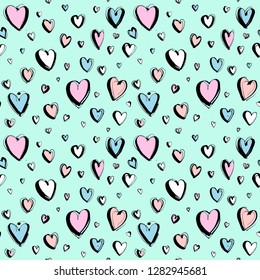 Decorative hand drawn Happy Valentine's day seamless hearts pattern background. Vector grunge black, white, pink, blue illustration print for wpapping paper or textile