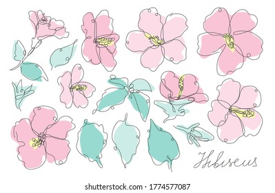 Decorative hand drawn hibiscus flowers set, design elements. Can be used for cards, invitations, banners, posters, print design. Continuous line art style