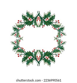 Decorative hand drawn holly berry wreath, design element. Can be used for cards, invitations, banners, posters, print design. Christmas, New year, winter background in line art style