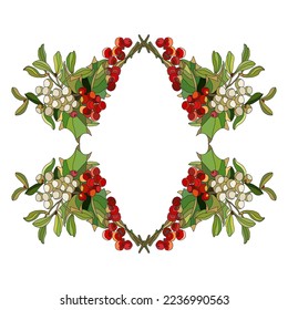 Decorative hand drawn holly berry wreath, design element. Can be used for cards, invitations, banners, posters, print design. Christmas, New year, winter background in line art style