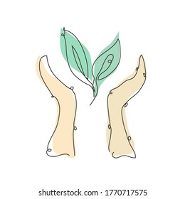 Decorative hand drawn human hands protecting nature, design element. Can be used for cards, invitations, banners, posters, print design. Continuous line art style