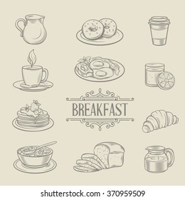 Decorative hand drawn icons breakfast foods coffee donuts juice croissant bread porridge pancake omelet milk. Vector illustration.