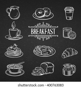 Decorative hand drawn icons breakfast foods. Vintage vector  illustration breakfast  in chalkboard style. 