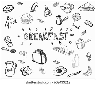 Decorative hand drawn icons breakfast foods. Doodle vector illustration breakfast