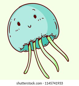 Decorative hand drawn illustration of jellyfish happy. Full colored doodle for advertising, leaflets, banners, menu