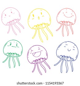 Decorative hand drawn illustration of jellyfish, different emotions - happy, cry, calm, excited. Full colored doodle for advertising, leaflets, banners, menu