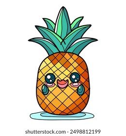 Decorative hand drawn kawaii pineapple, design element. Can be used for cards, invitations, banners, posters, print design. Fruit background in kawaii art style