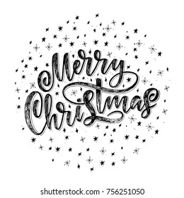 Decorative hand drawn lettering. Handwritten phrase Merry Christmas in circle isolated on white background. Trendy vector design for xmas decor and posters