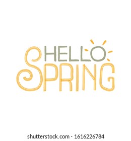 Decorative, hand drawn lettering HELLO SPRING with a stylized sun. Yellow, green and white illustration. Hand draw, vector lettering calligraphy.